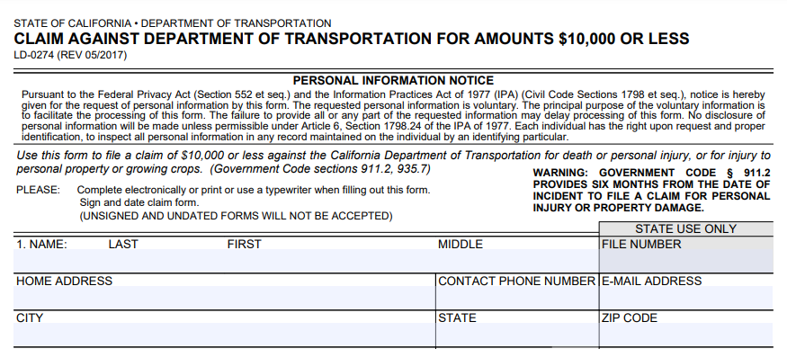 claim against the department of transportation